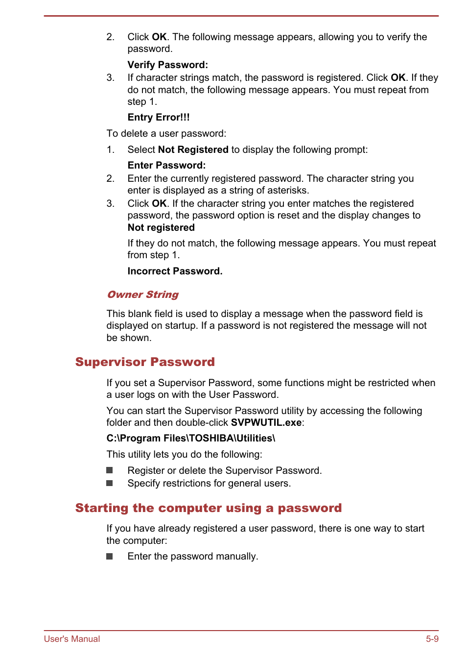 Supervisor password, Starting the computer using a password | Toshiba Satellite L70T-A User Manual | Page 95 / 137