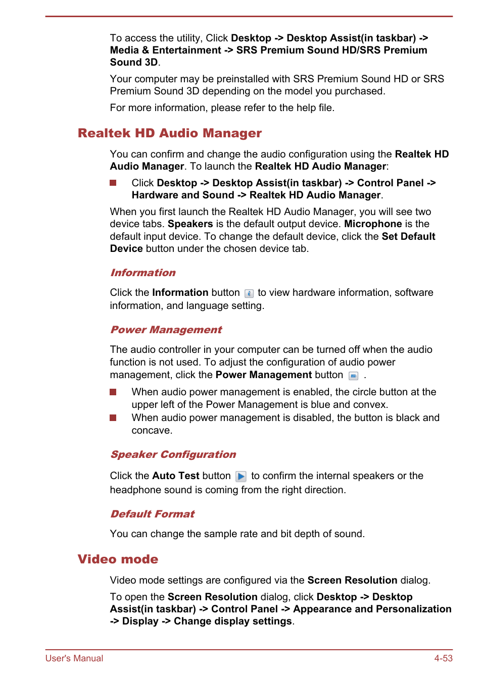 Realtek hd audio manager, Video mode | Toshiba Qosmio X875 User Manual | Page 112 / 158