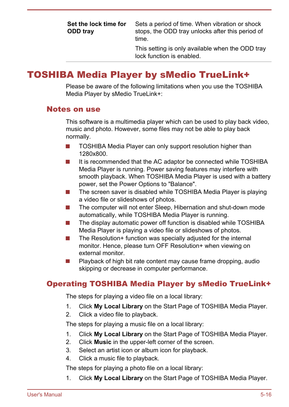 Toshiba media player by smedio truelink, Notes on use, Operating toshiba media player by smedio truelink | Toshiba media player by smedio truelink+ -16 | Toshiba Qosmio X875 User Manual | Page 130 / 158