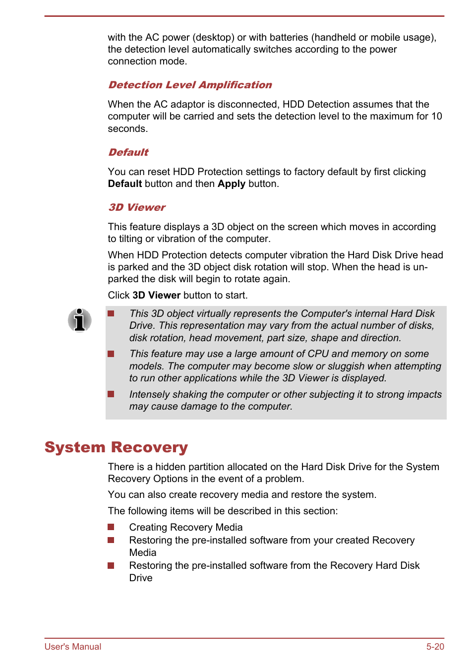 System recovery, System recovery -20 | Toshiba Qosmio X875 User Manual | Page 134 / 158