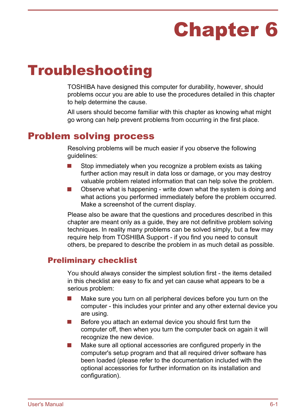 Chapter 6 troubleshooting, Problem solving process, Preliminary checklist | Chapter 6, Troubleshooting, Problem solving process -1, Section | Toshiba Qosmio X875 User Manual | Page 139 / 158