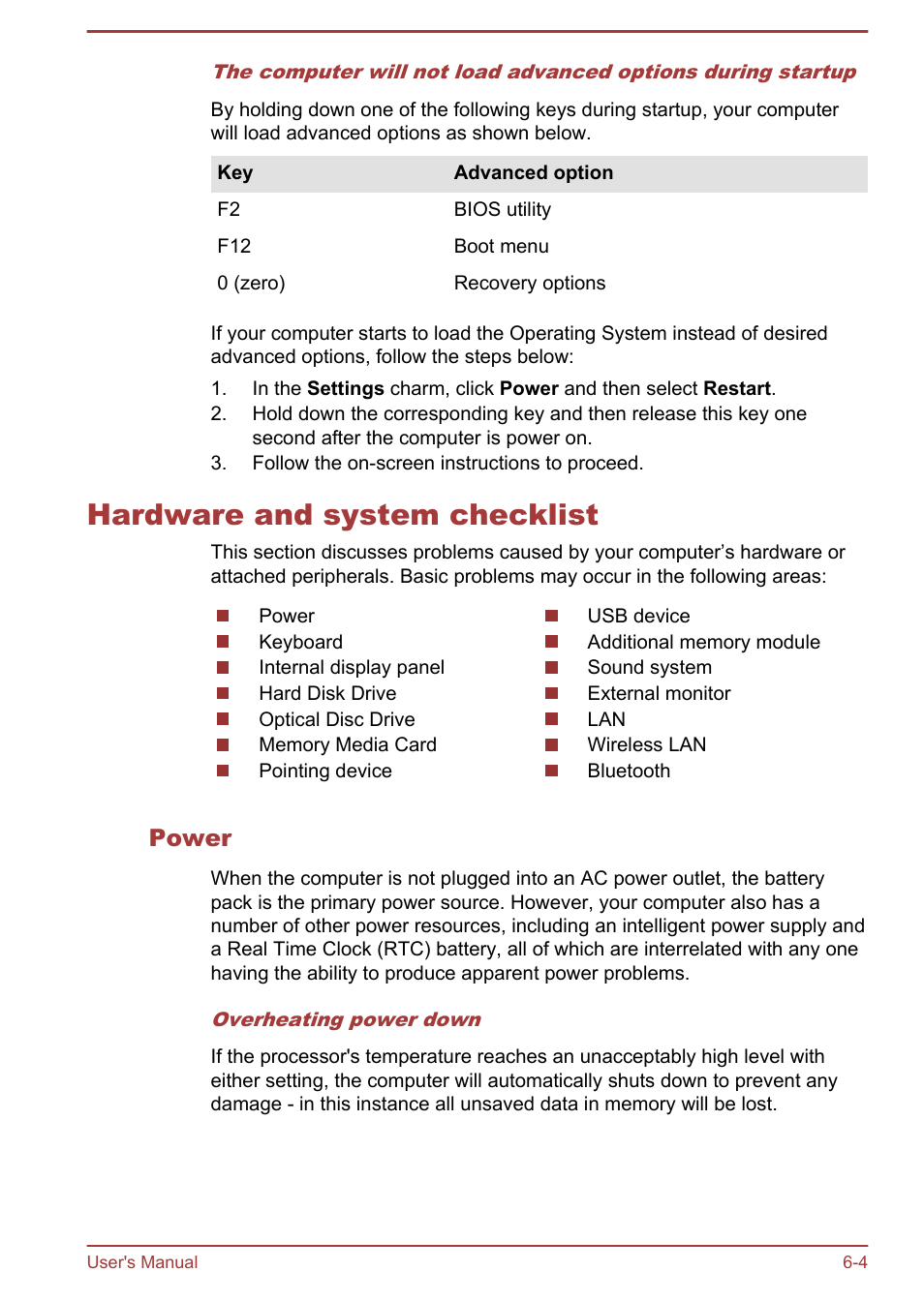 Hardware and system checklist, Power, Hardware and system checklist -4 | Toshiba Qosmio X875 User Manual | Page 142 / 158