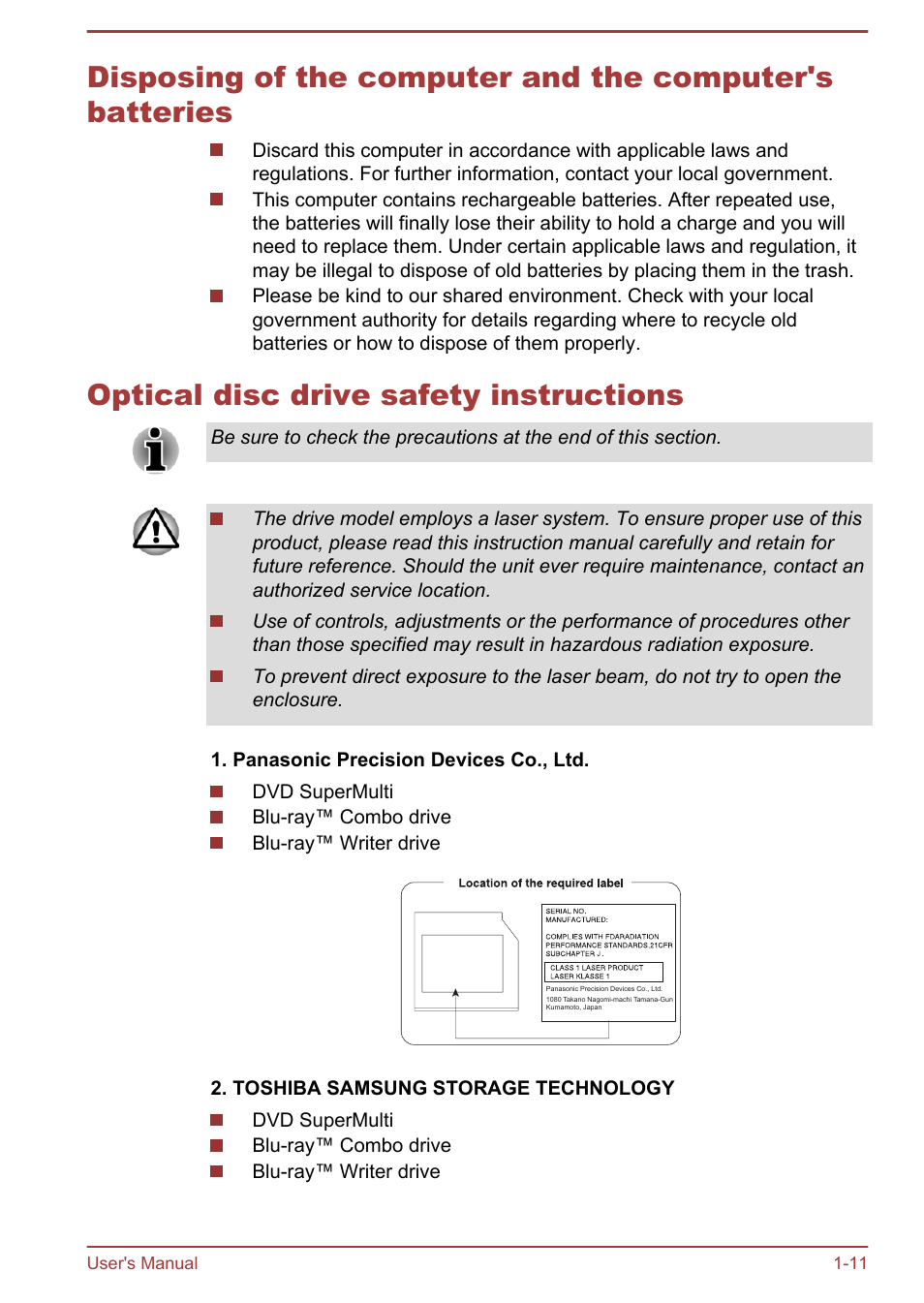 Optical disc drive safety instructions | Toshiba Qosmio X875 User Manual | Page 15 / 158