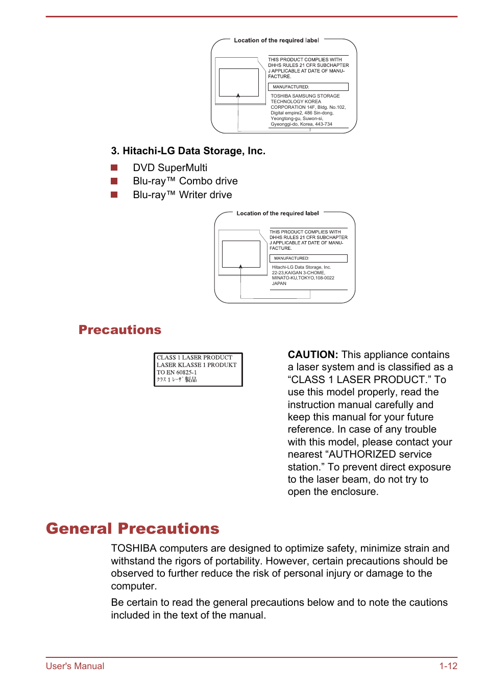 Precautions, General precautions, General precautions -12 | User's manual 1-12 | Toshiba Qosmio X875 User Manual | Page 16 / 158