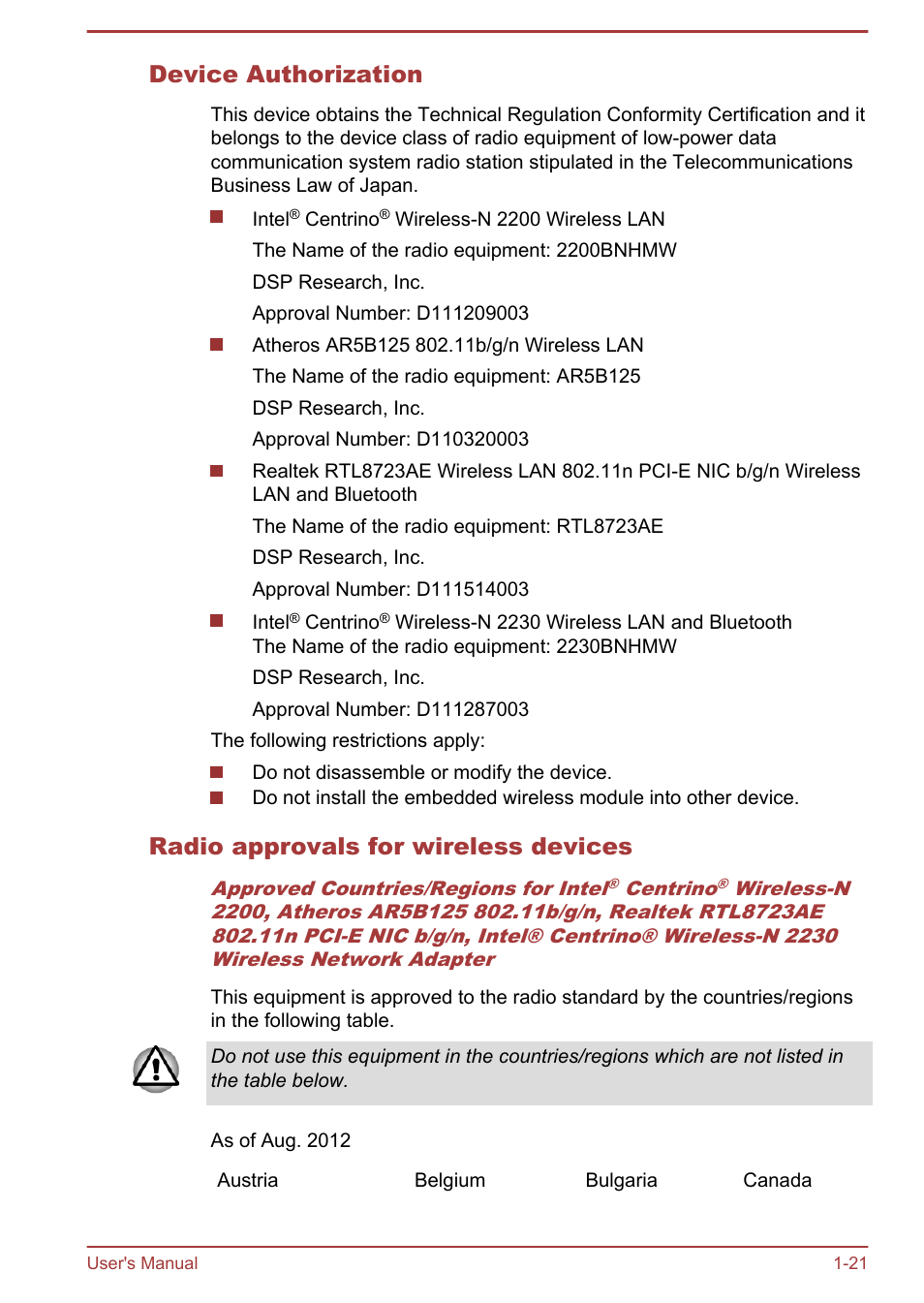 Device authorization, Radio approvals for wireless devices | Toshiba Qosmio X875 User Manual | Page 25 / 158