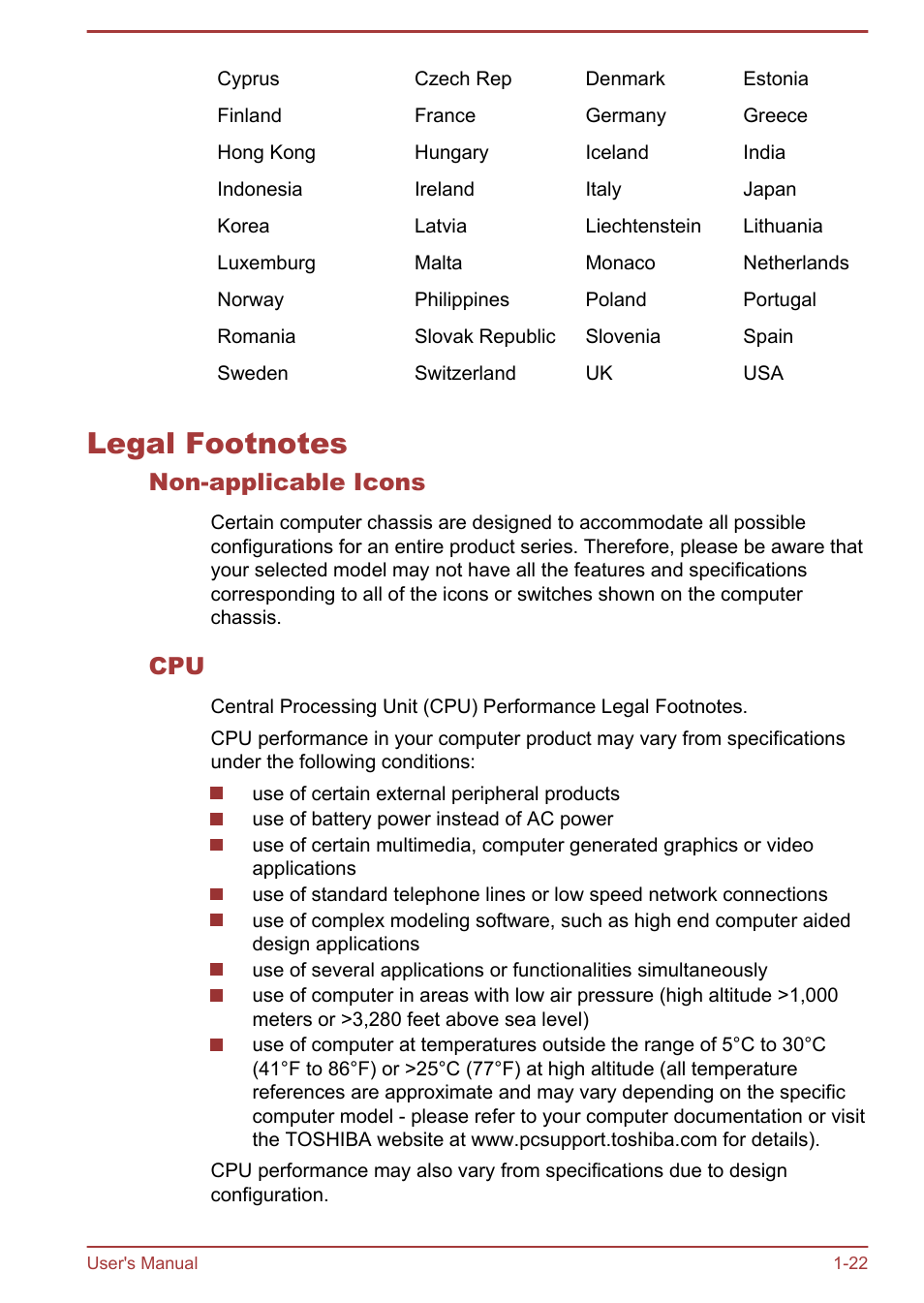 Legal footnotes, Non-applicable icons, Legal footnotes -22 | Toshiba Qosmio X875 User Manual | Page 26 / 158