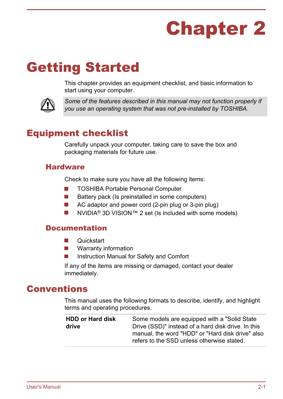 Chapter 2 getting started, Equipment checklist, Hardware | Documentation, Conventions, Chapter 2, Getting started, Equipment checklist -1 conventions -1 | Toshiba Qosmio X875 User Manual | Page 30 / 158