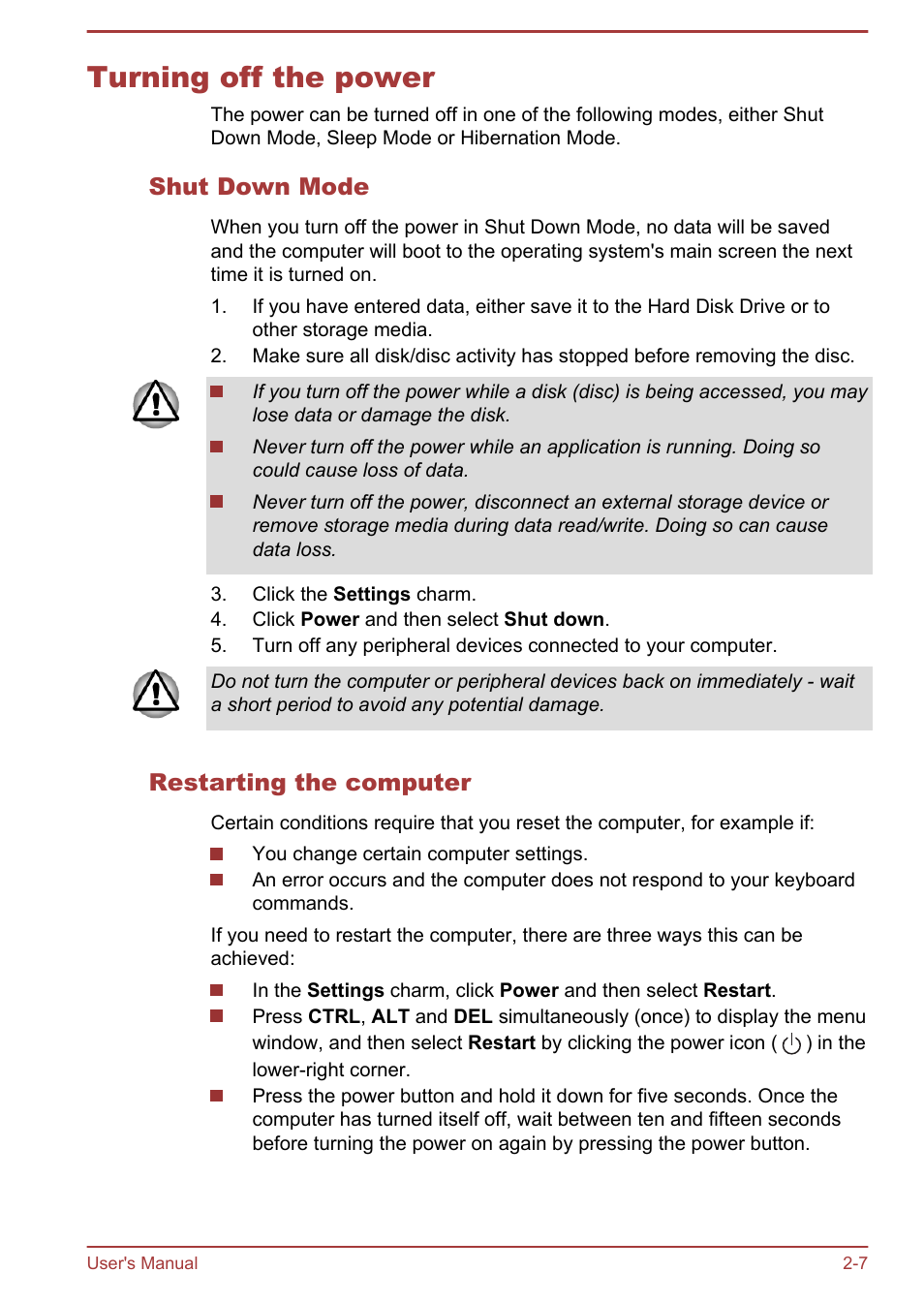 Turning off the power, Shut down mode, Restarting the computer | Turning off the power -7 | Toshiba Qosmio X875 User Manual | Page 36 / 158