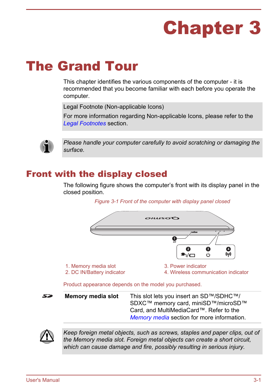 Chapter 3 the grand tour, Front with the display closed, Chapter 3 | The grand tour, Front with the display closed -1 | Toshiba Qosmio X875 User Manual | Page 41 / 158