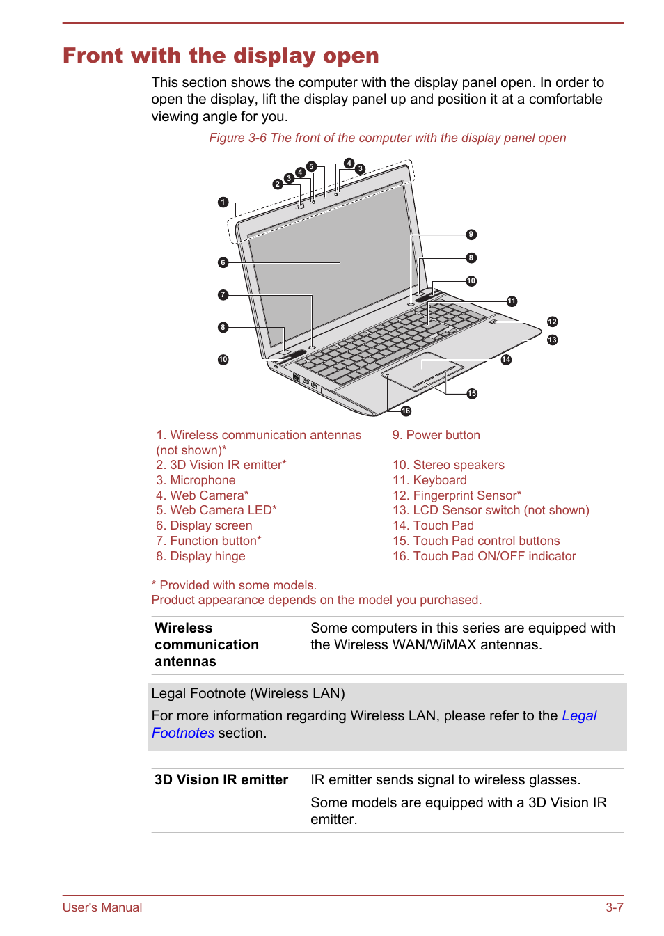 Front with the display open, Front with the display open -7 | Toshiba Qosmio X875 User Manual | Page 47 / 158