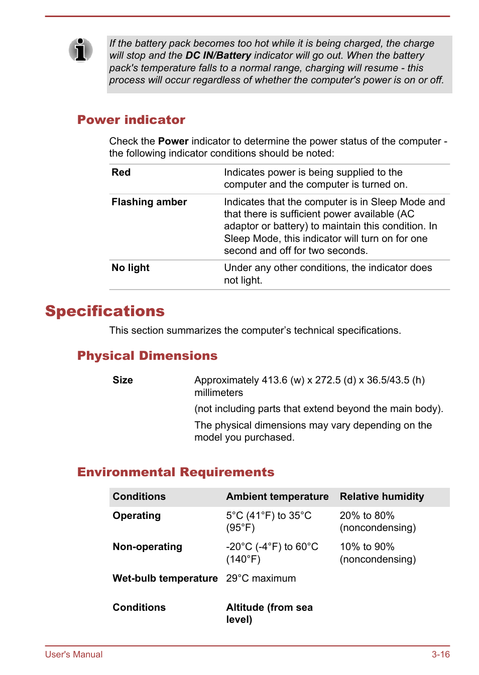 Power indicator, Specifications, Physical dimensions | Environmental requirements, Specifications -16 | Toshiba Qosmio X875 User Manual | Page 56 / 158