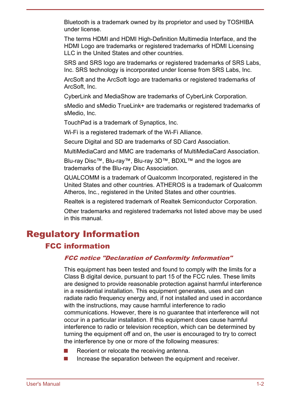 Regulatory information, Fcc information, Regulatory information -2 | Toshiba Qosmio X875 User Manual | Page 6 / 158