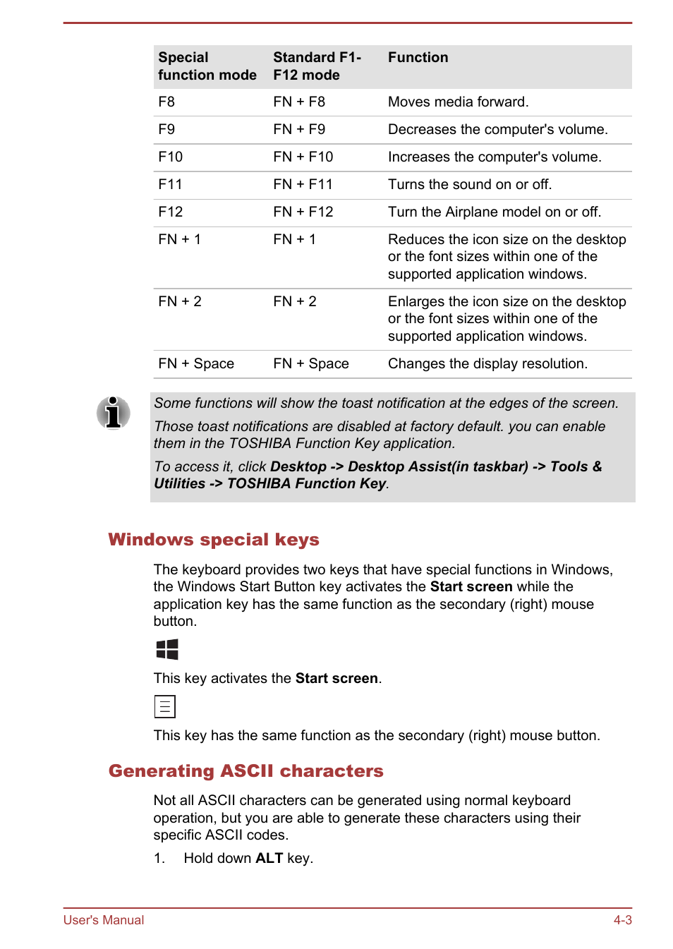 Windows special keys, Generating ascii characters | Toshiba Qosmio X875 User Manual | Page 62 / 158