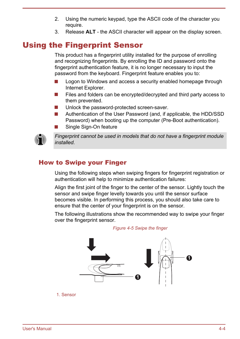 Using the fingerprint sensor, How to swipe your finger, Using the fingerprint sensor -4 | Fingerprint sensor, refer to the, Using the, Fingerprint sensor | Toshiba Qosmio X875 User Manual | Page 63 / 158