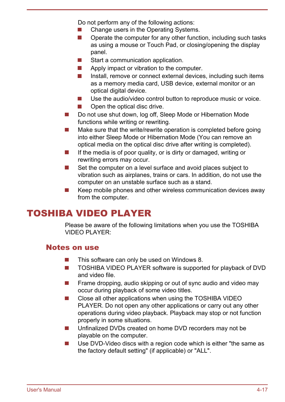 Toshiba video player, Notes on use, Toshiba video player -17 | Toshiba Qosmio X875 User Manual | Page 76 / 158