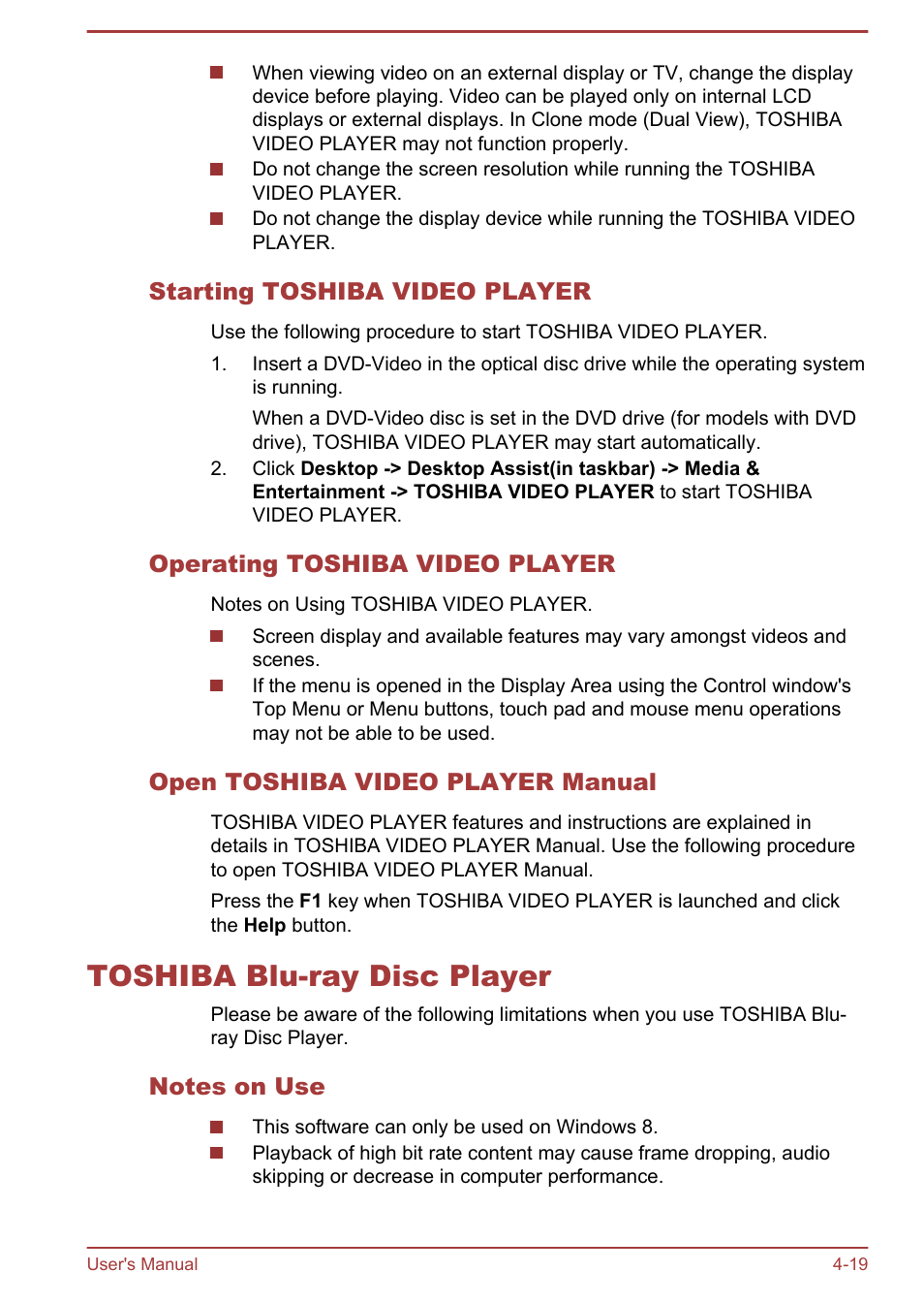 Starting toshiba video player, Operating toshiba video player, Open toshiba video player manual | Toshiba blu-ray disc player, Notes on use, Toshiba blu-ray disc player -19 | Toshiba Qosmio X875 User Manual | Page 78 / 158