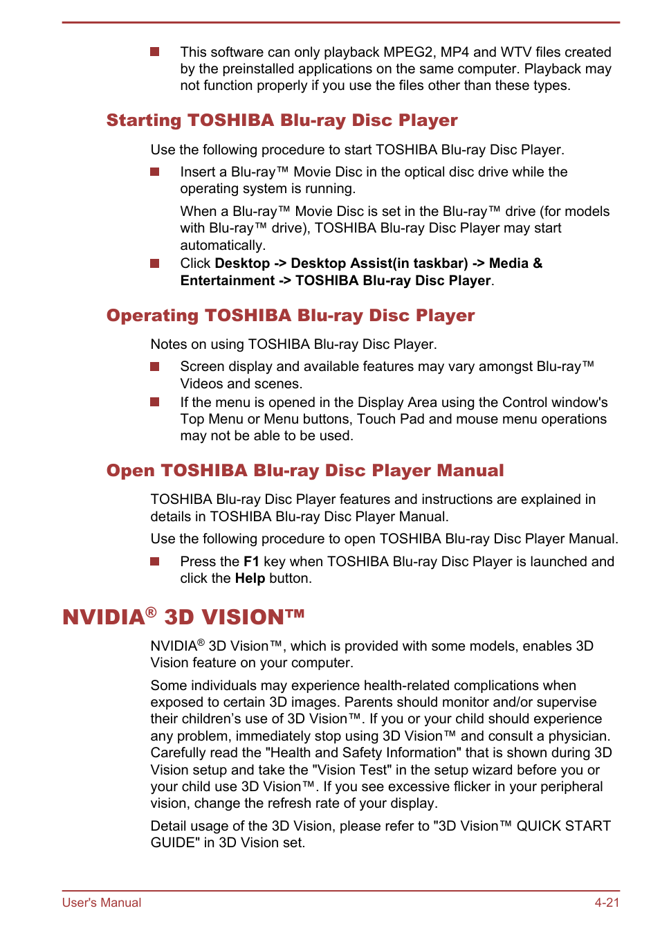 Starting toshiba blu-ray disc player, Operating toshiba blu-ray disc player, Open toshiba blu-ray disc player manual | Nvidia® 3d vision, Nvidia® 3d vision™ -21, Nvidia, 3d vision | Toshiba Qosmio X875 User Manual | Page 80 / 158