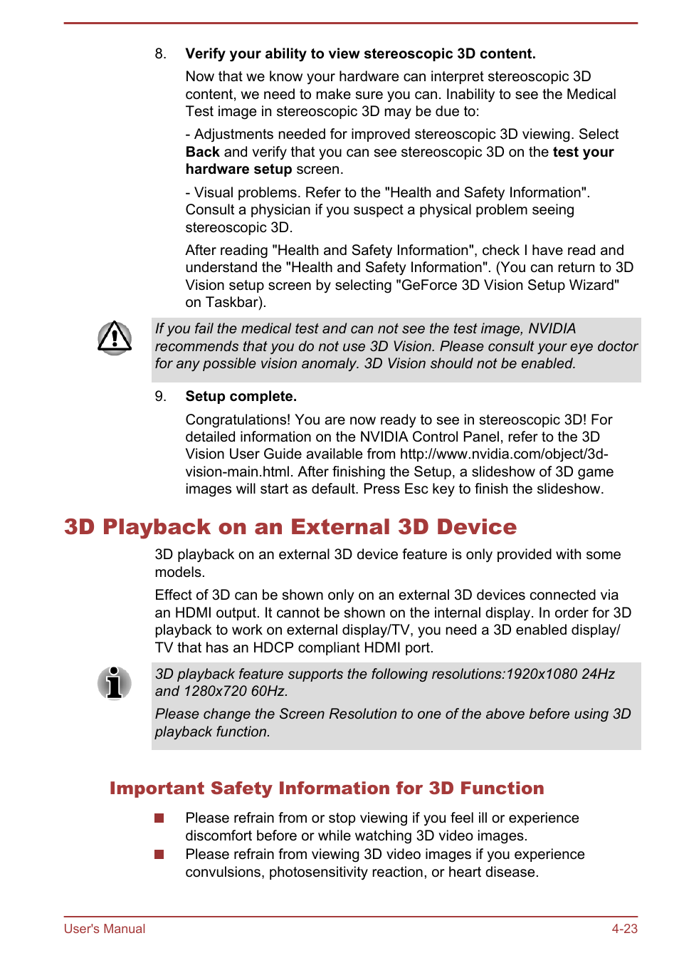 3d playback on an external 3d device, Important safety information for 3d function, 3d playback on an external 3d device -23 | Toshiba Qosmio X875 User Manual | Page 82 / 158