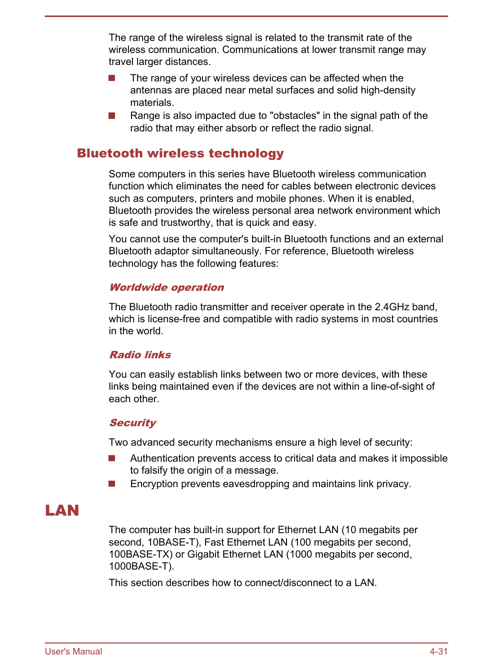 Bluetooth wireless technology, Lan -31 | Toshiba Qosmio X875 User Manual | Page 90 / 158