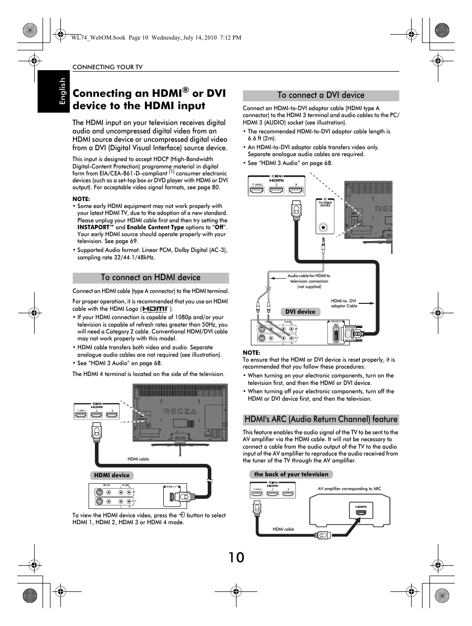 Connecting an hdmi, Or dvi device to the hdmi input | Toshiba TV743 User Manual | Page 10 / 84