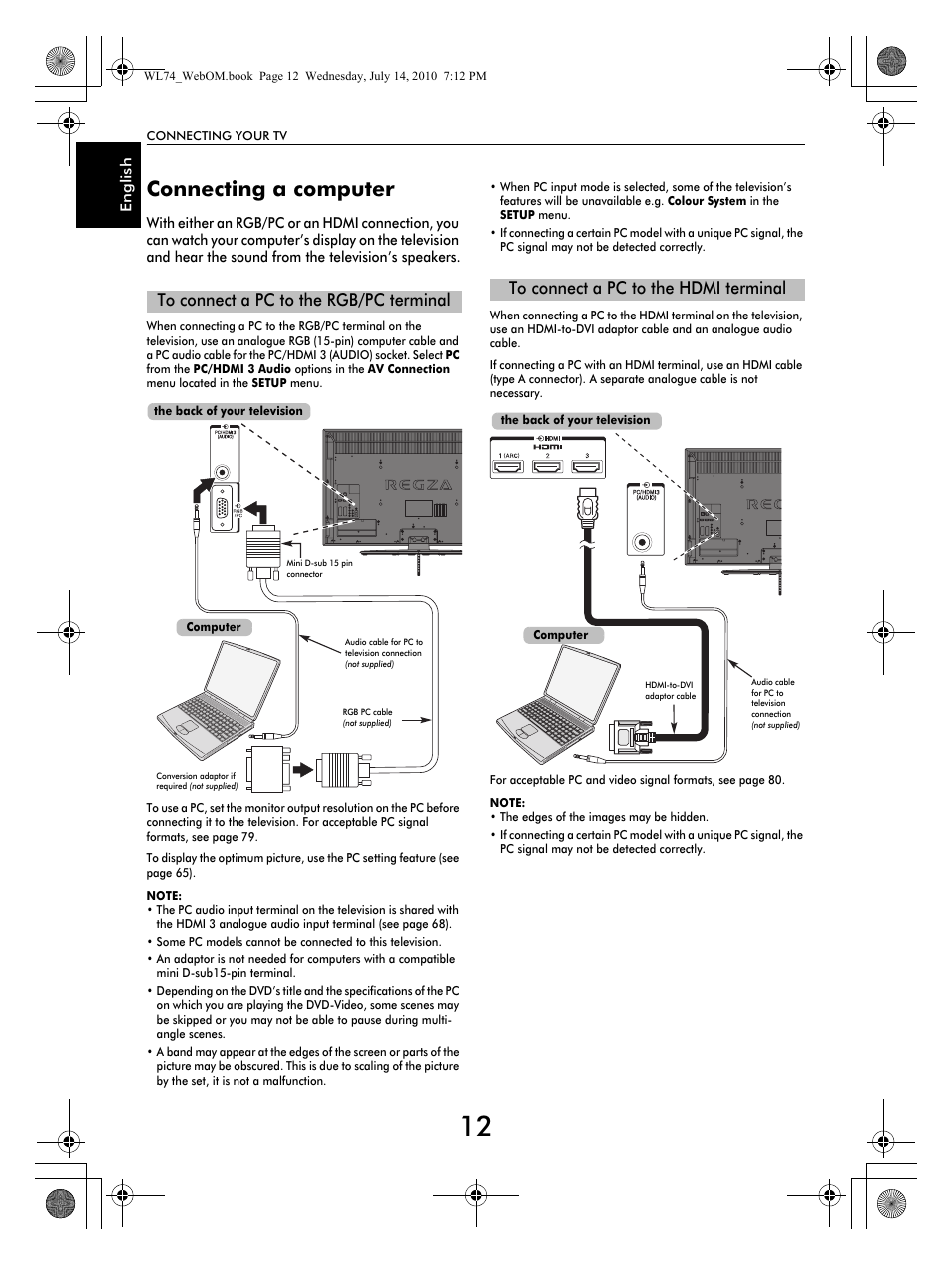 Connecting a computer | Toshiba TV743 User Manual | Page 12 / 84