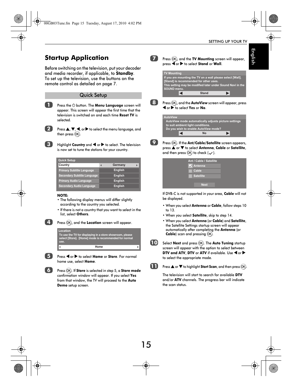 Startup application, Quick setup | Toshiba TV743 User Manual | Page 15 / 84