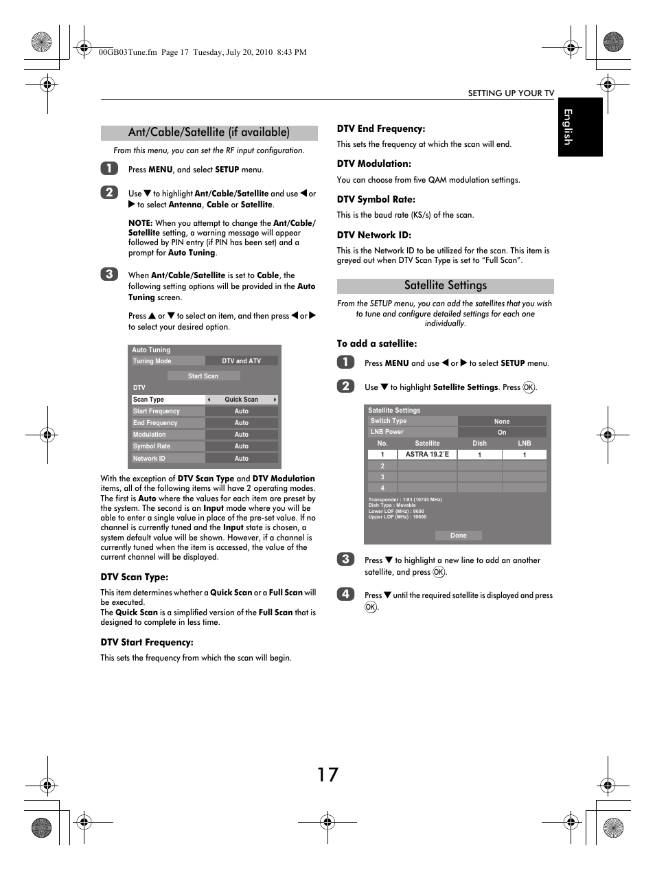 Ant/cable/satellite (if available), Satellite settings | Toshiba TV743 User Manual | Page 17 / 84