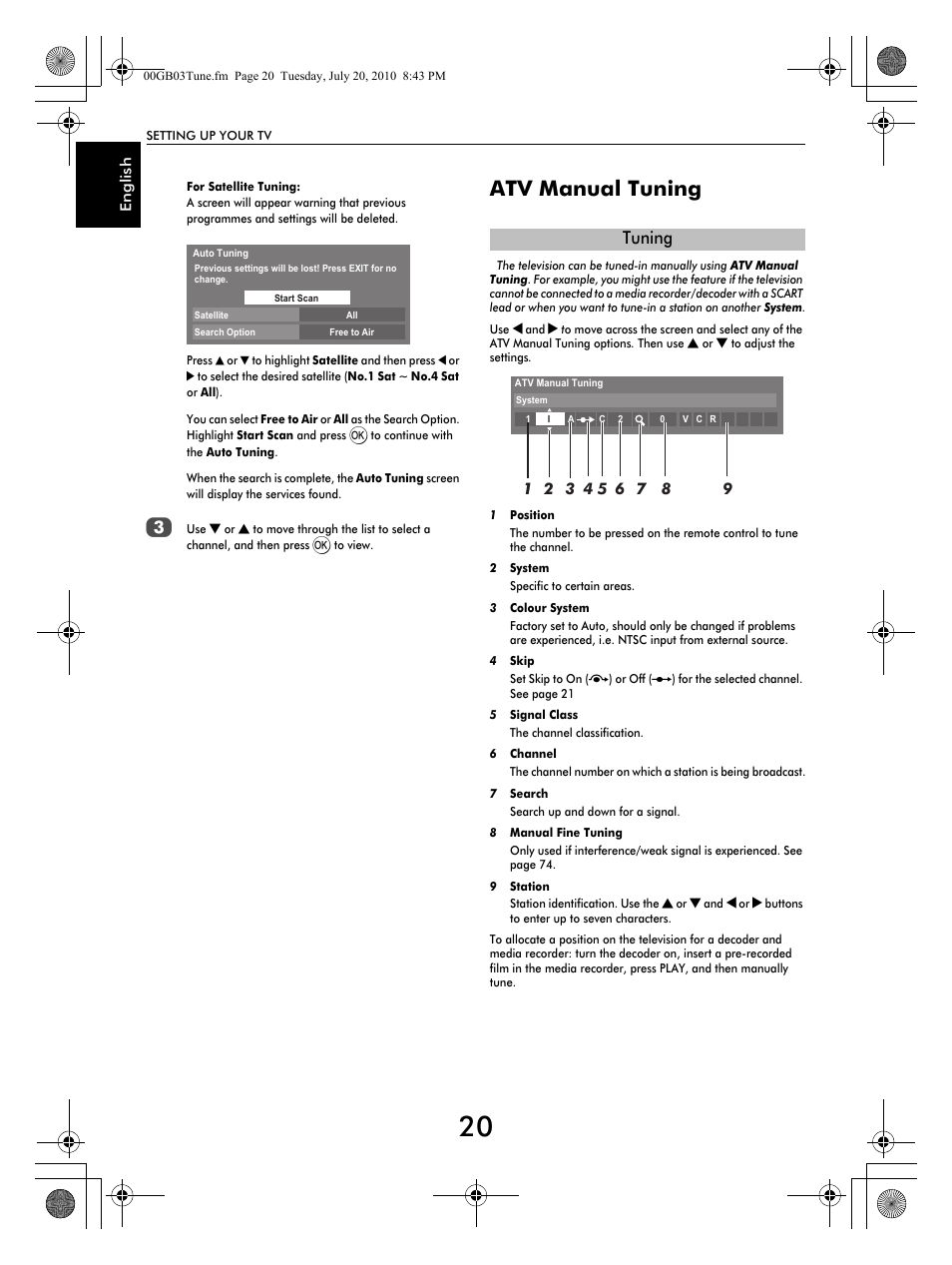 Atv manual tuning, Tuning | Toshiba TV743 User Manual | Page 20 / 84