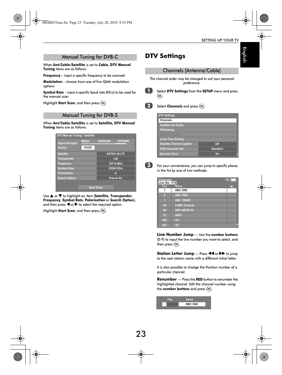 Dtv settings, Manual tuning for dvb-c manual tuning for dvb-s, Channels (antenna/cable) | Toshiba TV743 User Manual | Page 23 / 84