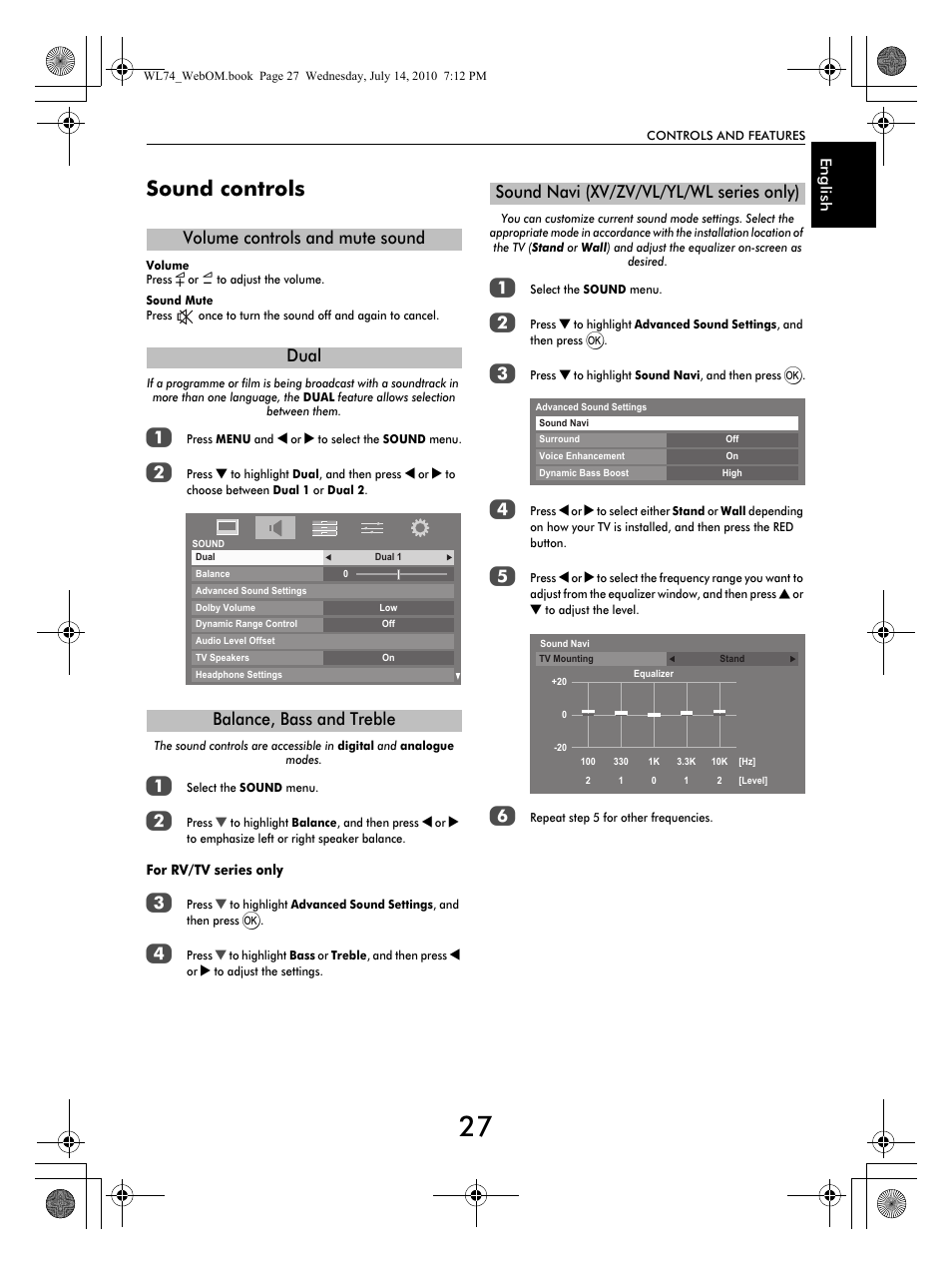 Sound controls, Sound navi (xv/zv/vl/yl/wl series only) | Toshiba TV743 User Manual | Page 27 / 84