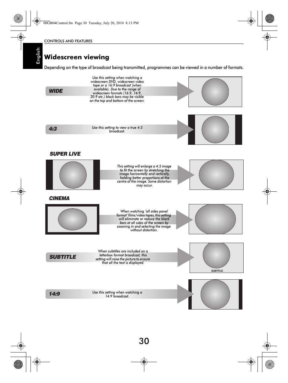 Widescreen viewing, Subtitle, Super live | Cinema, Wide | Toshiba TV743 User Manual | Page 30 / 84