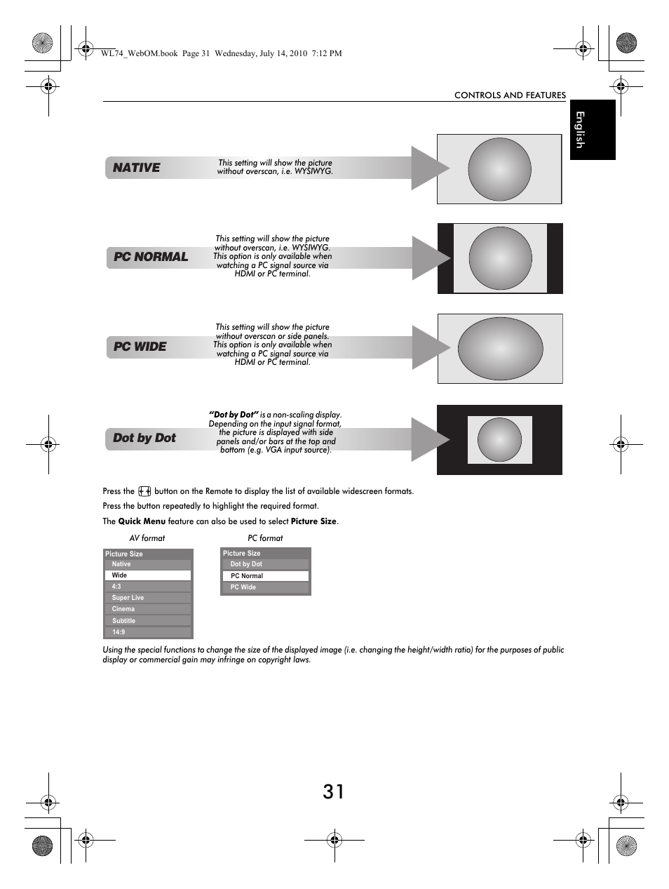 Dot by dot pc normal, Pc wide, Native | Toshiba TV743 User Manual | Page 31 / 84