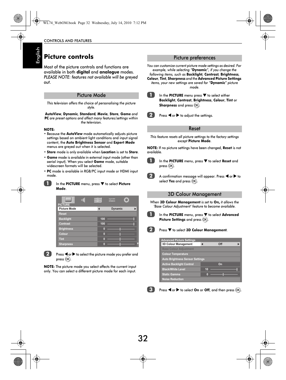 Picture controls, Picture mode, Picture preferences reset 3d colour management | Toshiba TV743 User Manual | Page 32 / 84