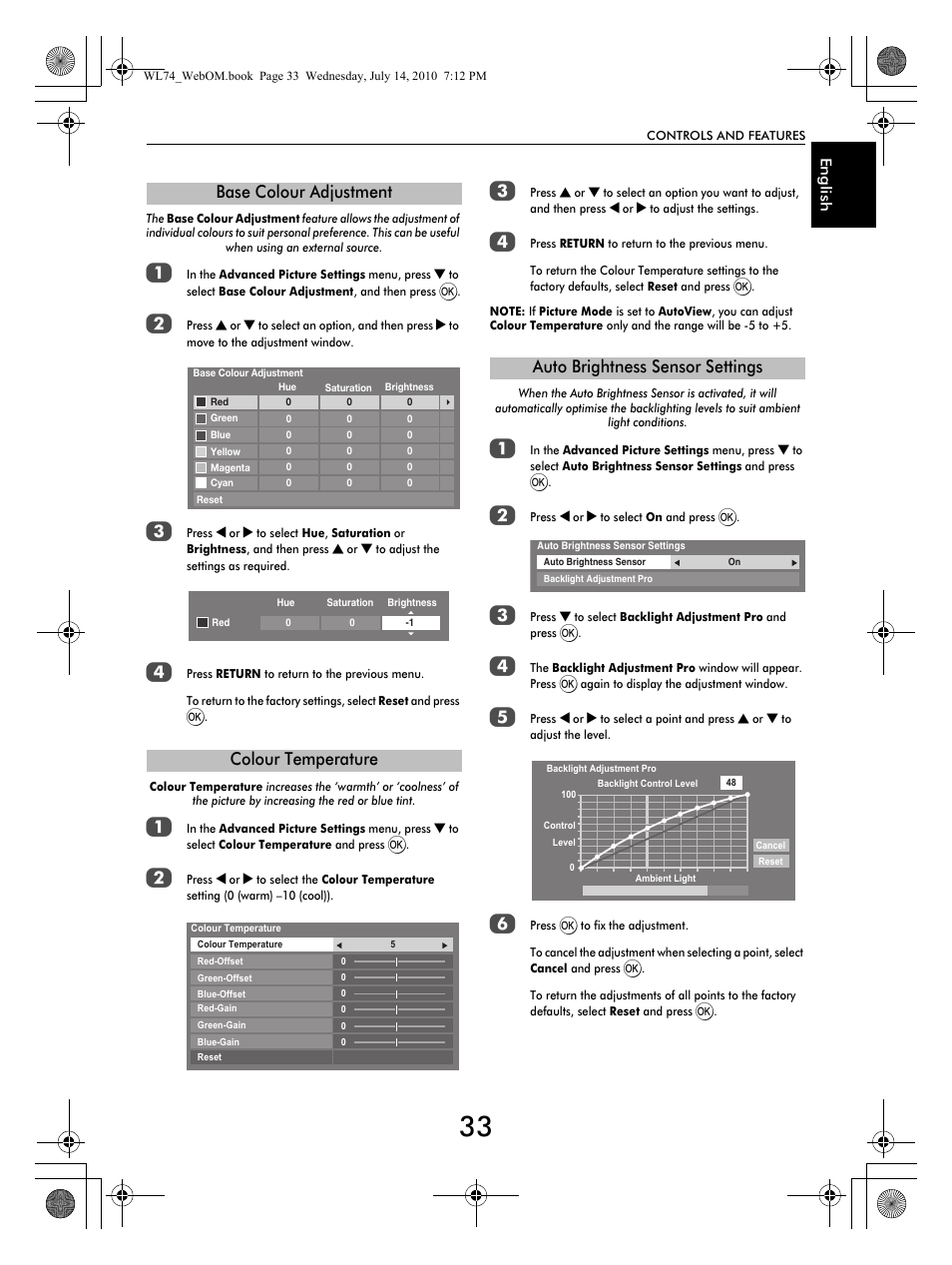 Base colour adjustment colour temperature, Auto brightness sensor settings | Toshiba TV743 User Manual | Page 33 / 84