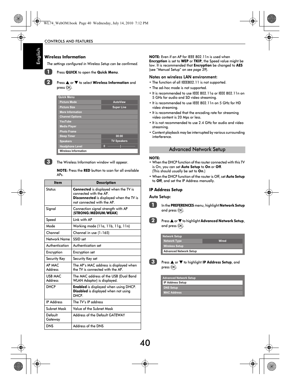 Advanced network setup | Toshiba TV743 User Manual | Page 40 / 84