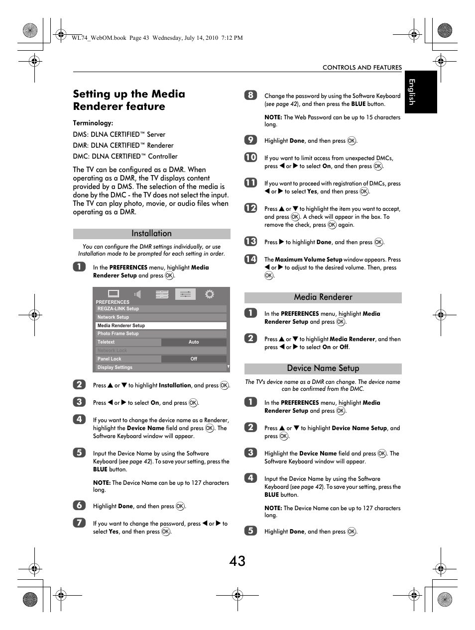 Setting up the media renderer feature | Toshiba TV743 User Manual | Page 43 / 84