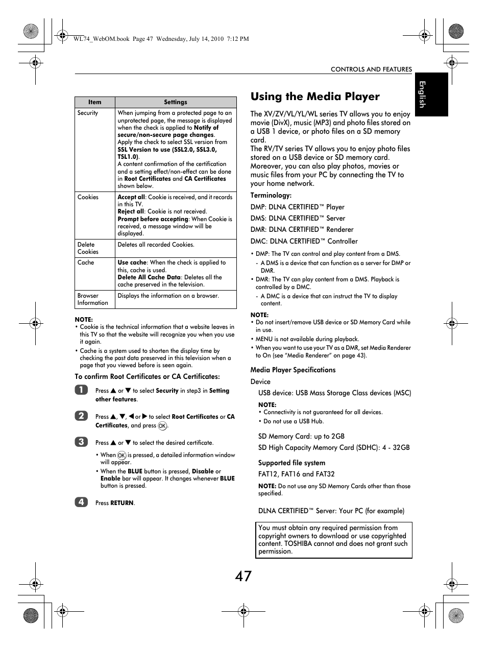 Using the media player | Toshiba TV743 User Manual | Page 47 / 84