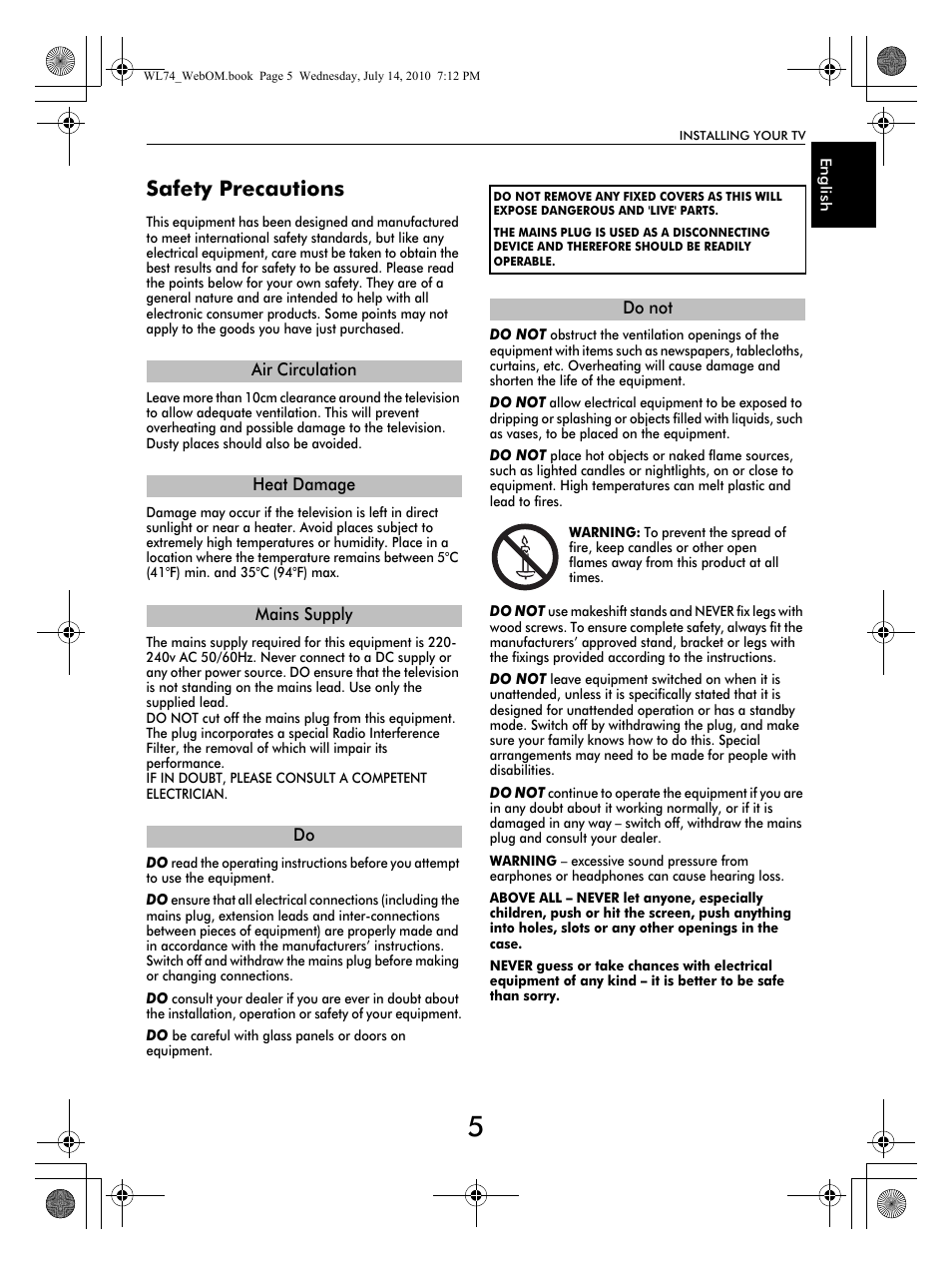 Safety precautions | Toshiba TV743 User Manual | Page 5 / 84