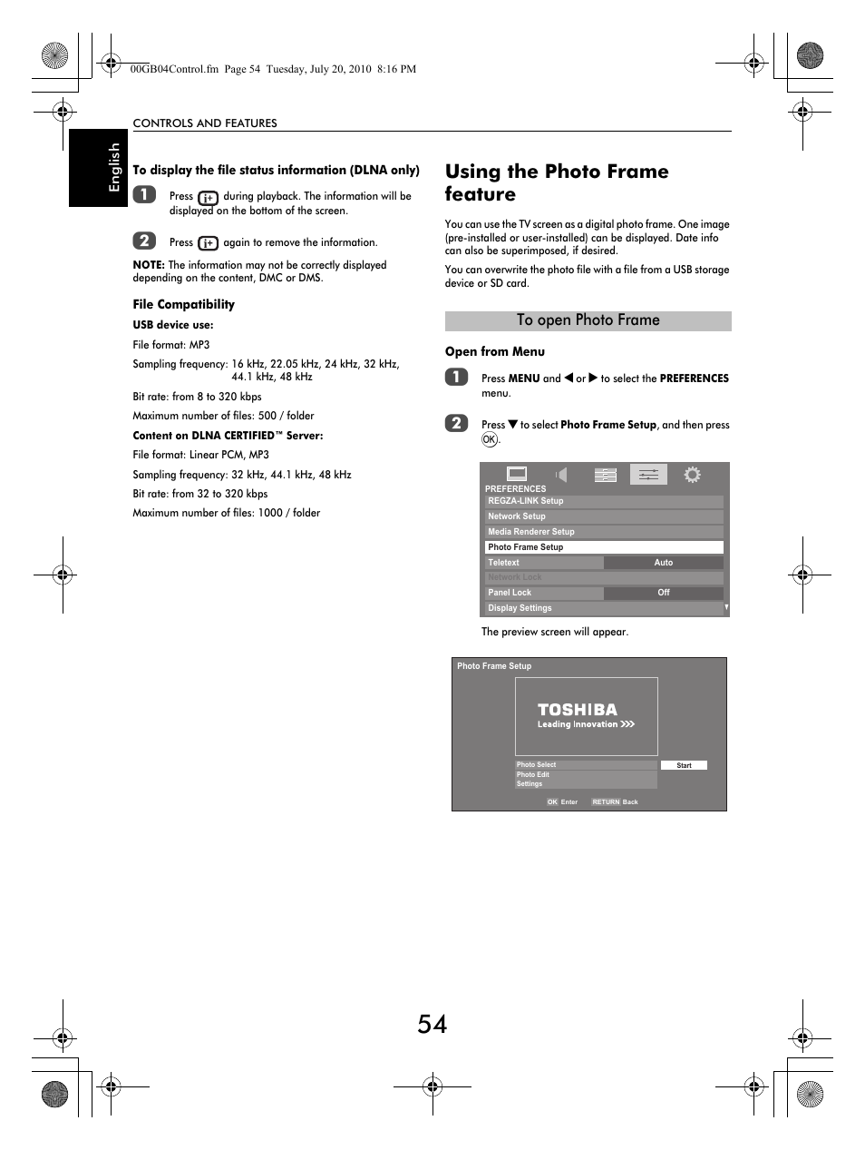 Using the photo frame feature | Toshiba TV743 User Manual | Page 54 / 84