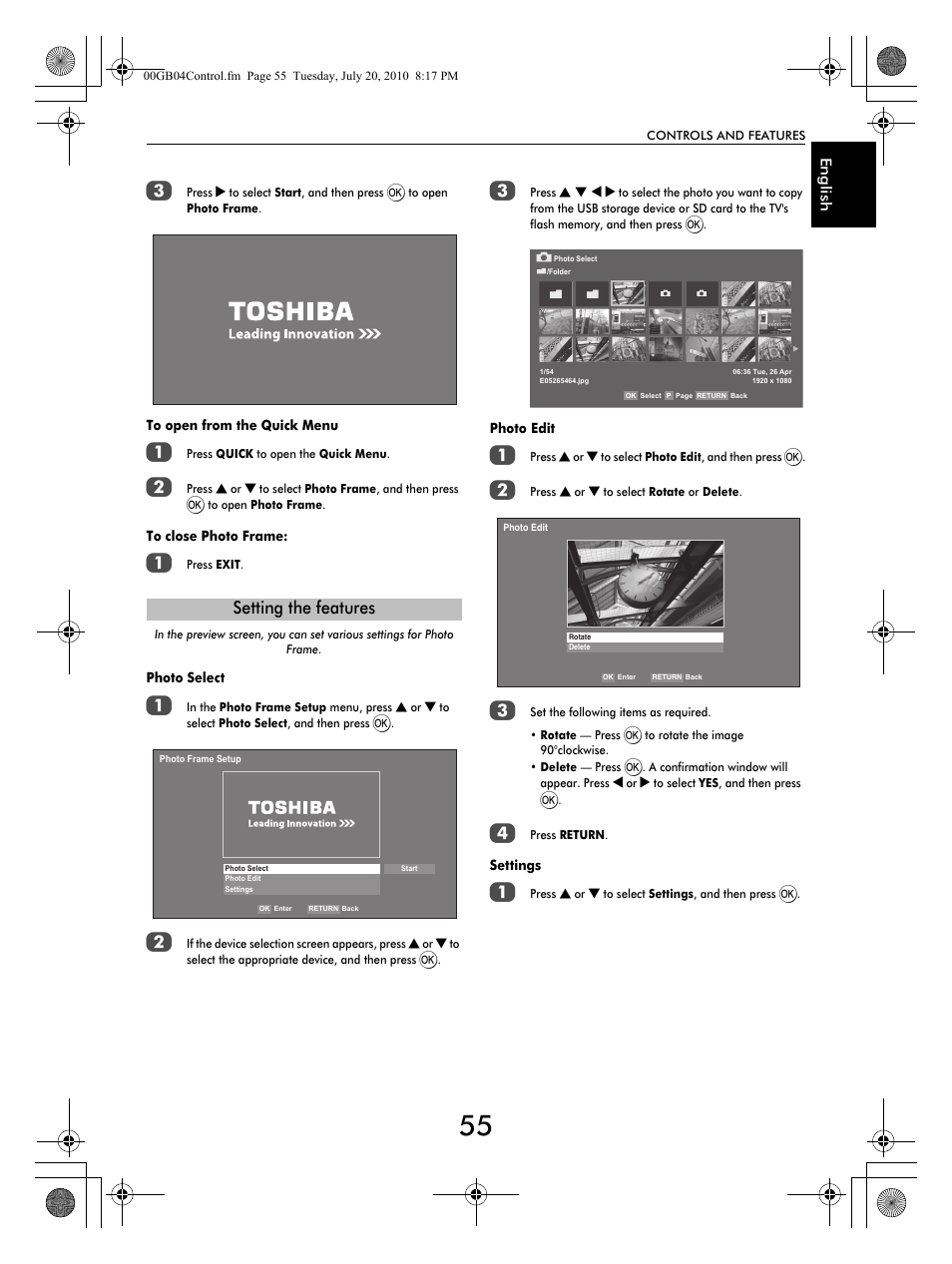 Setting the features | Toshiba TV743 User Manual | Page 55 / 84