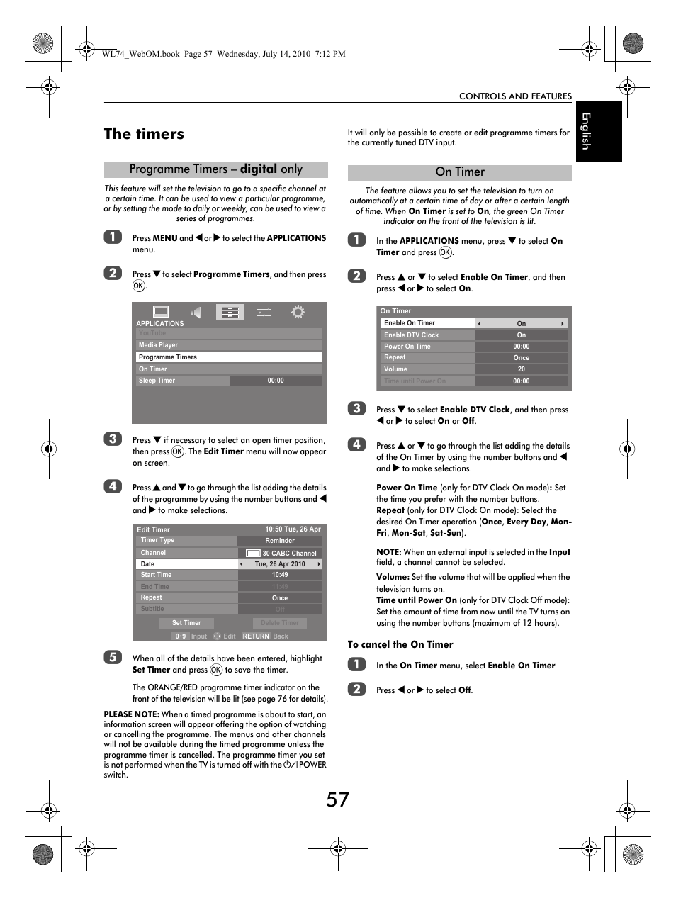 The timers, Programme timers – digital only, On timer | Toshiba TV743 User Manual | Page 57 / 84