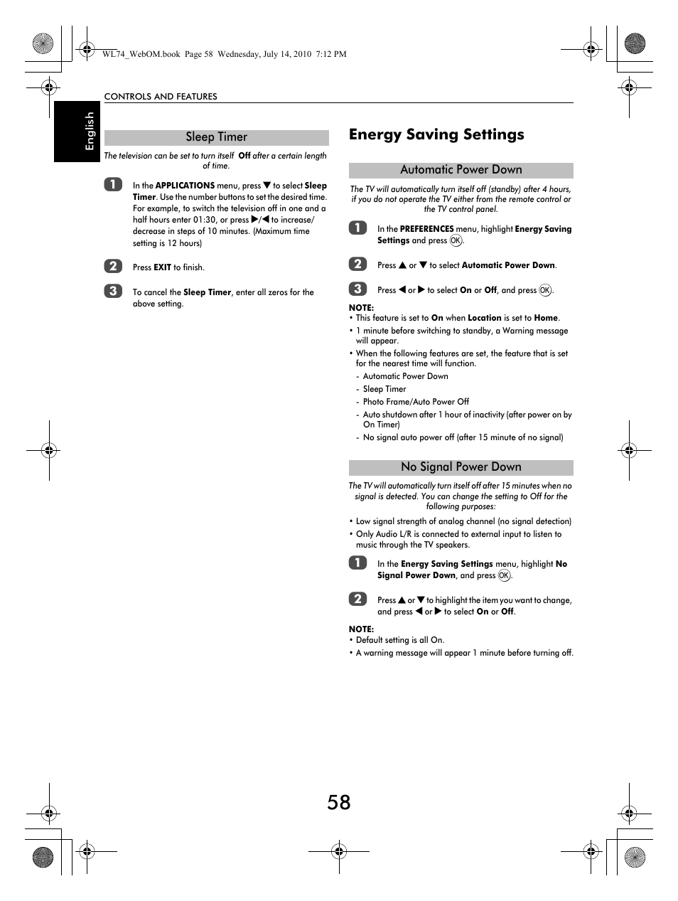 Energy saving settings | Toshiba TV743 User Manual | Page 58 / 84