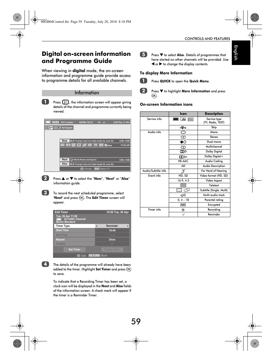 Digital on-screen information and programme guide, Information, En g lish | Toshiba TV743 User Manual | Page 59 / 84