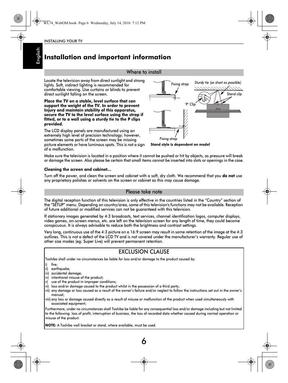 Installation and important information, Exclusion clause | Toshiba TV743 User Manual | Page 6 / 84