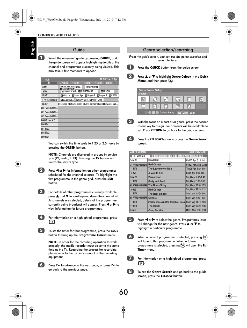 Guide, Genre selection/searching, En glish | Toshiba TV743 User Manual | Page 60 / 84