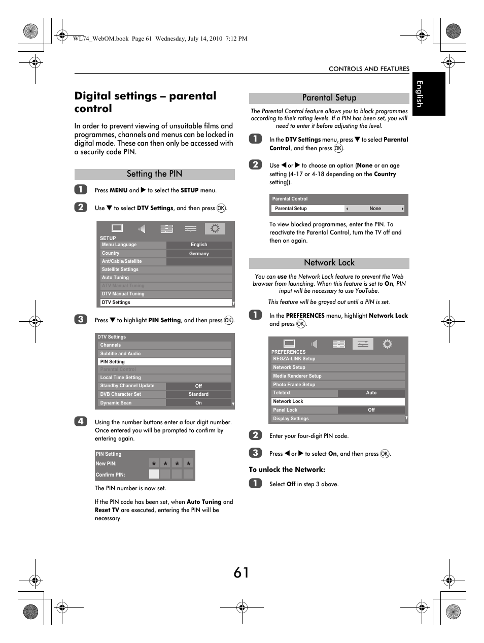 Digital settings – parental control, Setting the pin, Parental setup network lock | Toshiba TV743 User Manual | Page 61 / 84