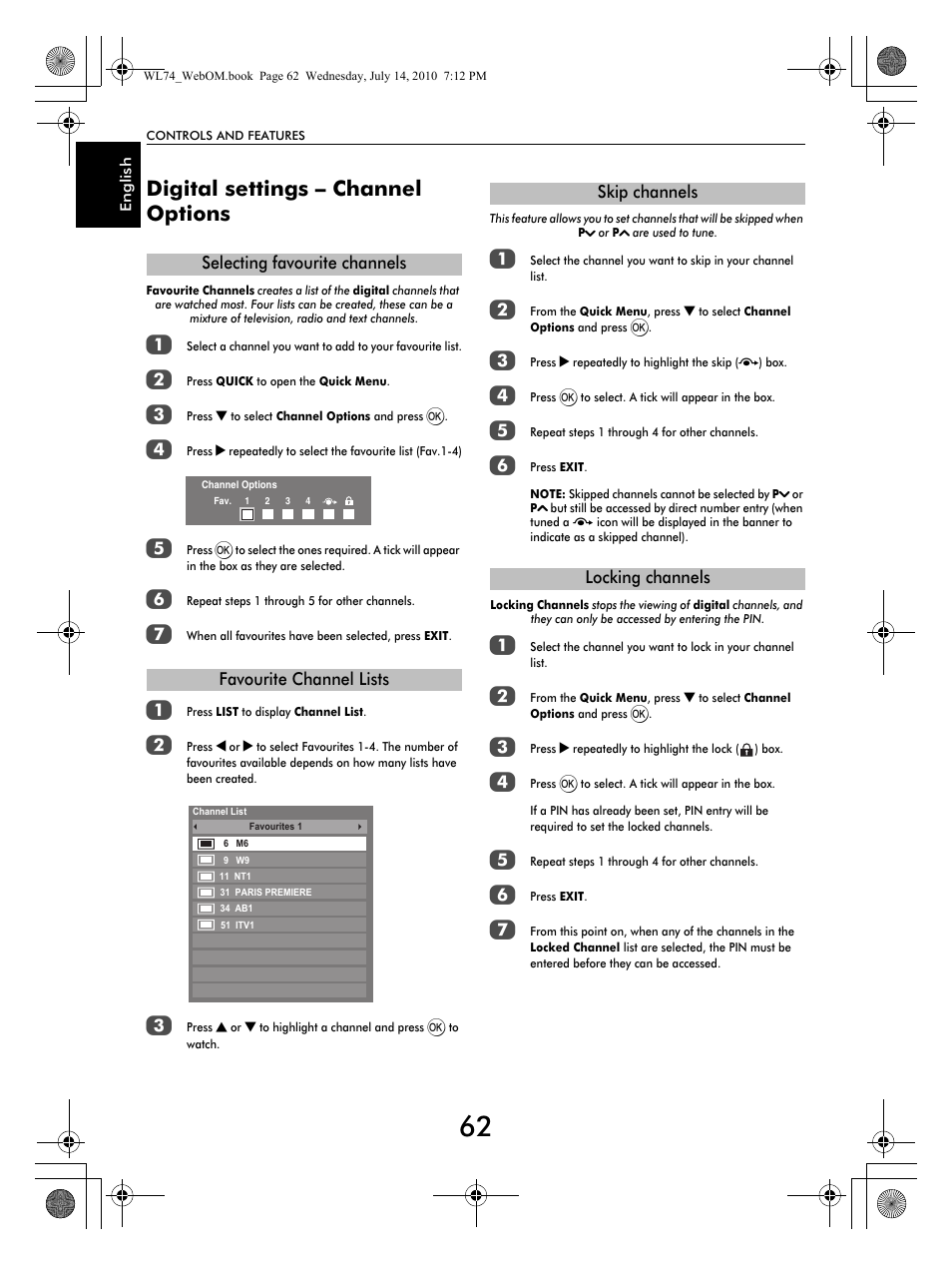 Digital settings – channel options | Toshiba TV743 User Manual | Page 62 / 84