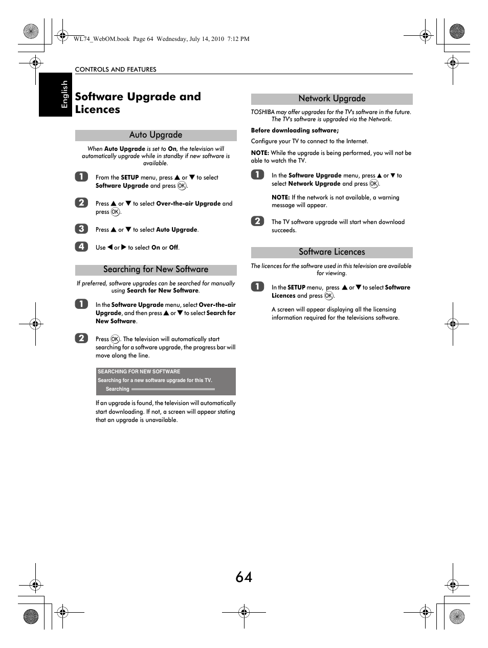 Software upgrade and licences | Toshiba TV743 User Manual | Page 64 / 84