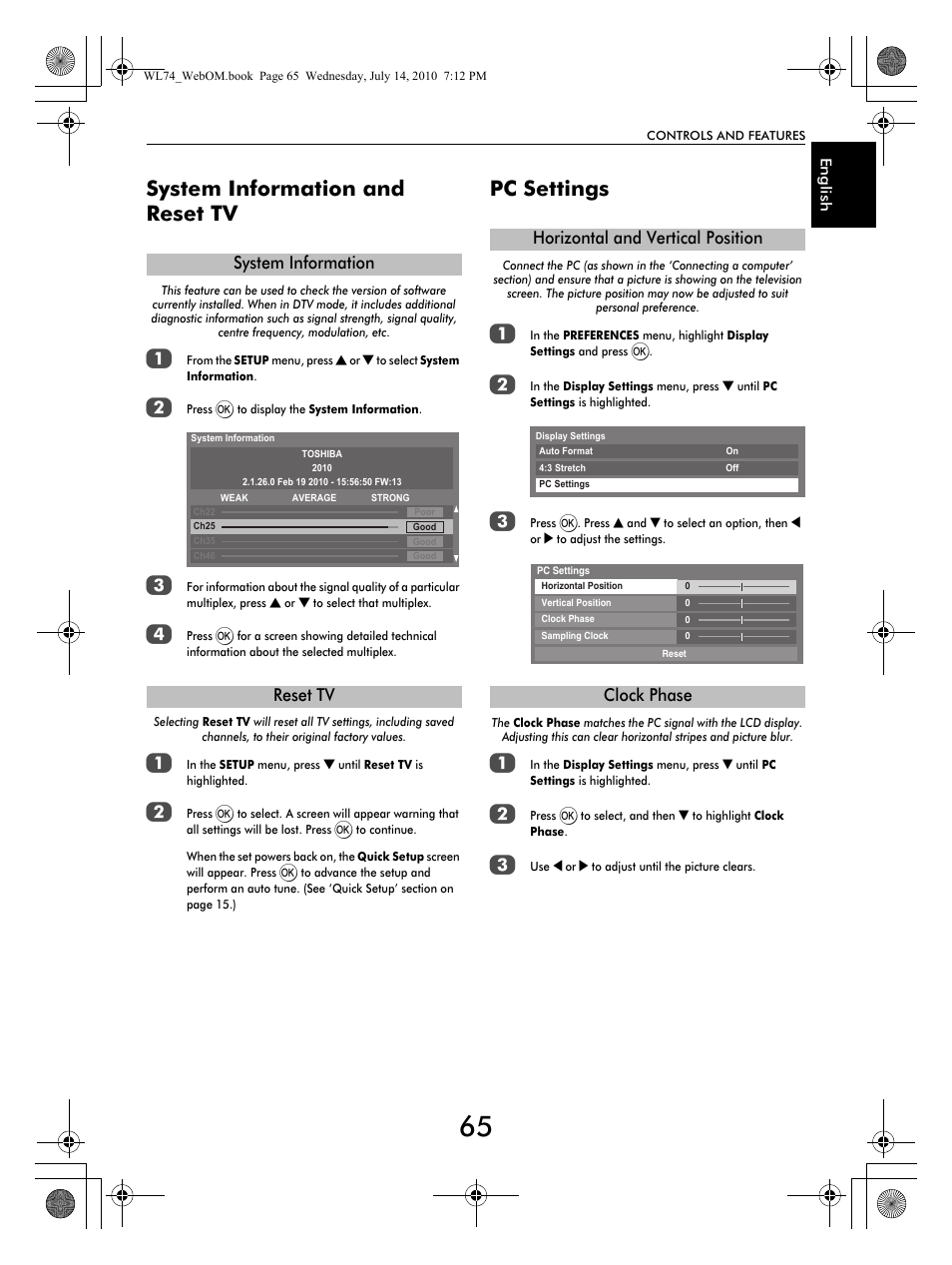 System information and reset tv, Pc settings, System information reset tv | Horizontal and vertical position clock phase | Toshiba TV743 User Manual | Page 65 / 84