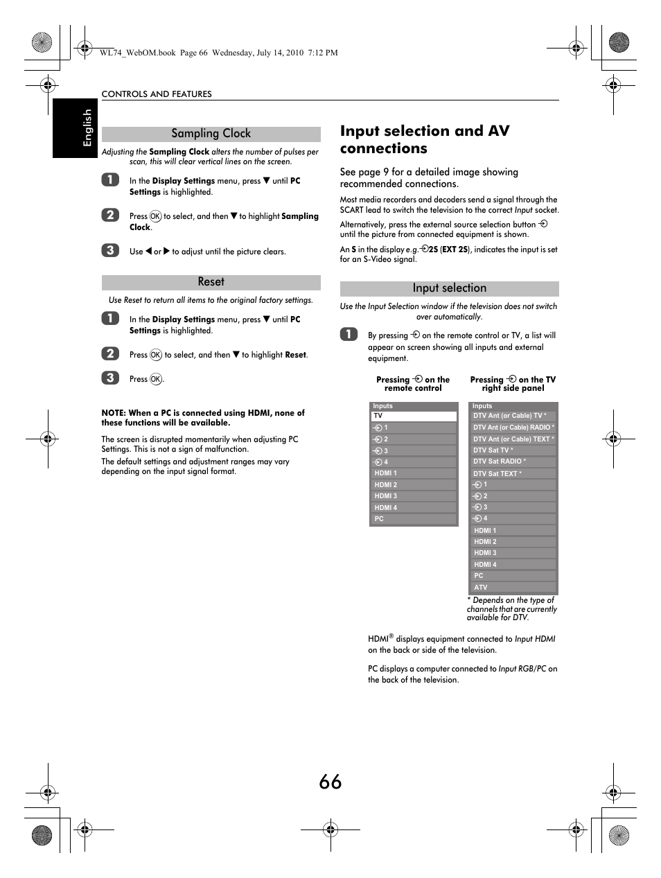 Input selection and av connections, Sampling clock reset input selection | Toshiba TV743 User Manual | Page 66 / 84